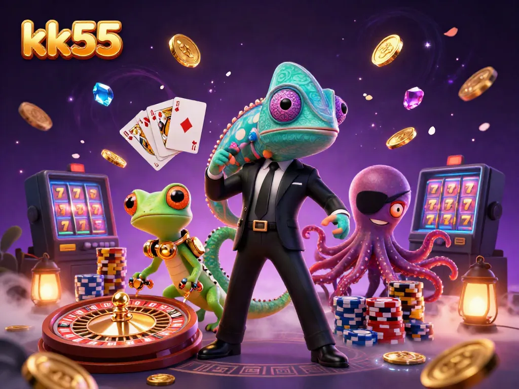 Win big with kk55 in this thrilling casino scene featuring colorful characters and dynamic game elements.