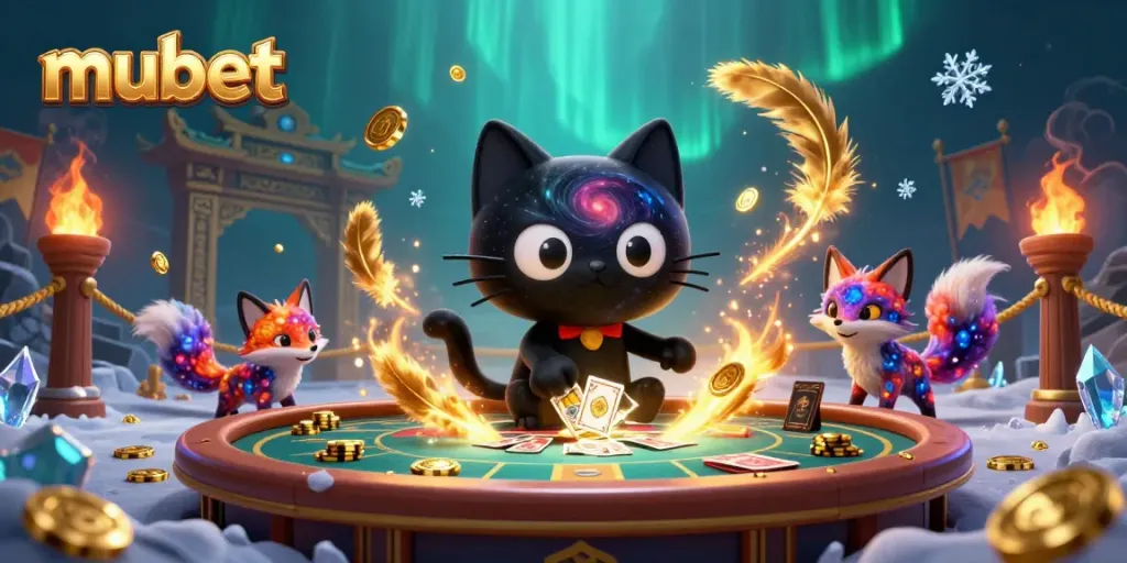 Experience the thrill of mubet as the black hole cat delights with winning cards and gold coins.
