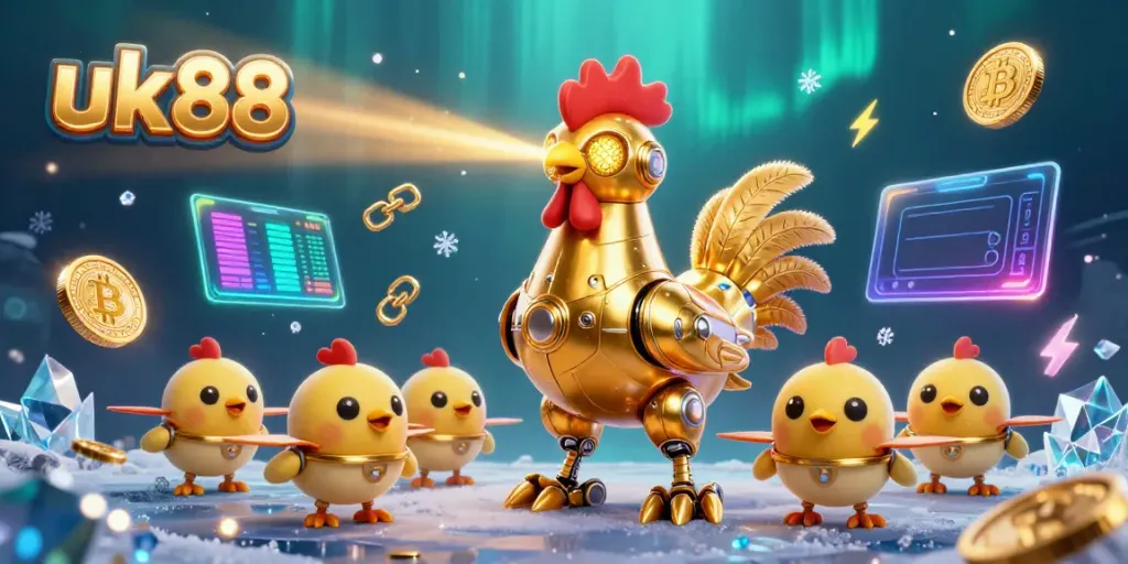 Experience thrilling betting with uk88's retro-futuristic casino adventure featuring robots and crypto coins.