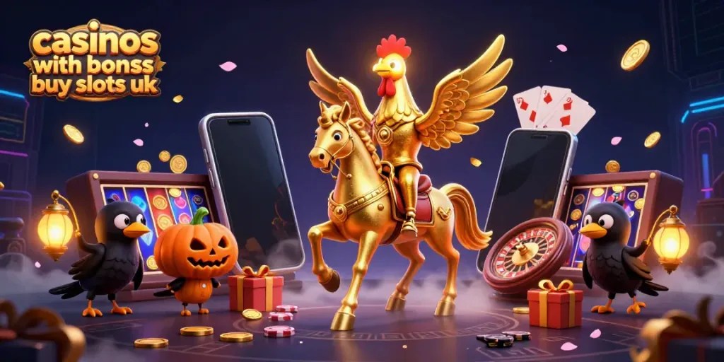 Engage with casinos with bonus buy slots uk as golden rooster rides through a vibrant midnight casino.