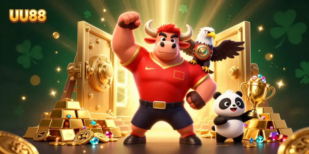 UU88 showcases a victory scene with a bull, eagle, and panda surrounded by treasures, perfect for gamblers.