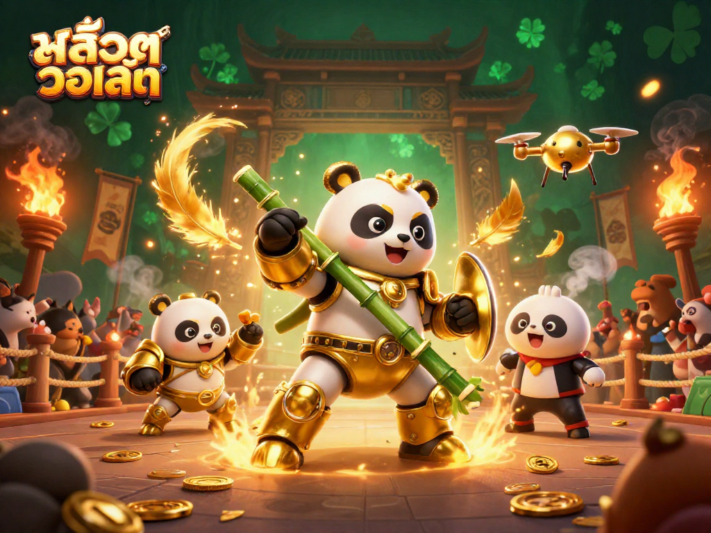 Engage in สล็อตวอเลท excitement with a golden panda piloting a bamboo robot in an illustrated casino arena.