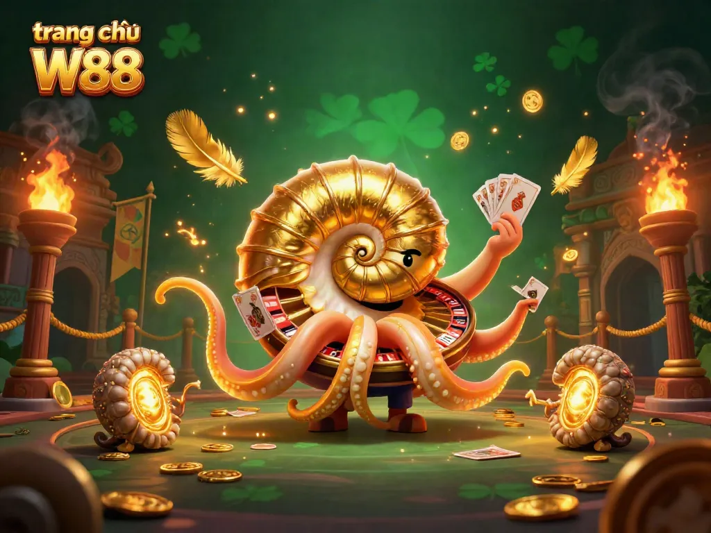 Experience the excitement on trang chủ W88 with a 3D cartoon nautilus holding cards and a roulette wheel.