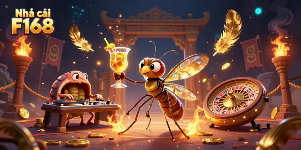 Experience the thrill at Nhà cái F168 with a vibrant 3D casino scene featuring unique characters.
