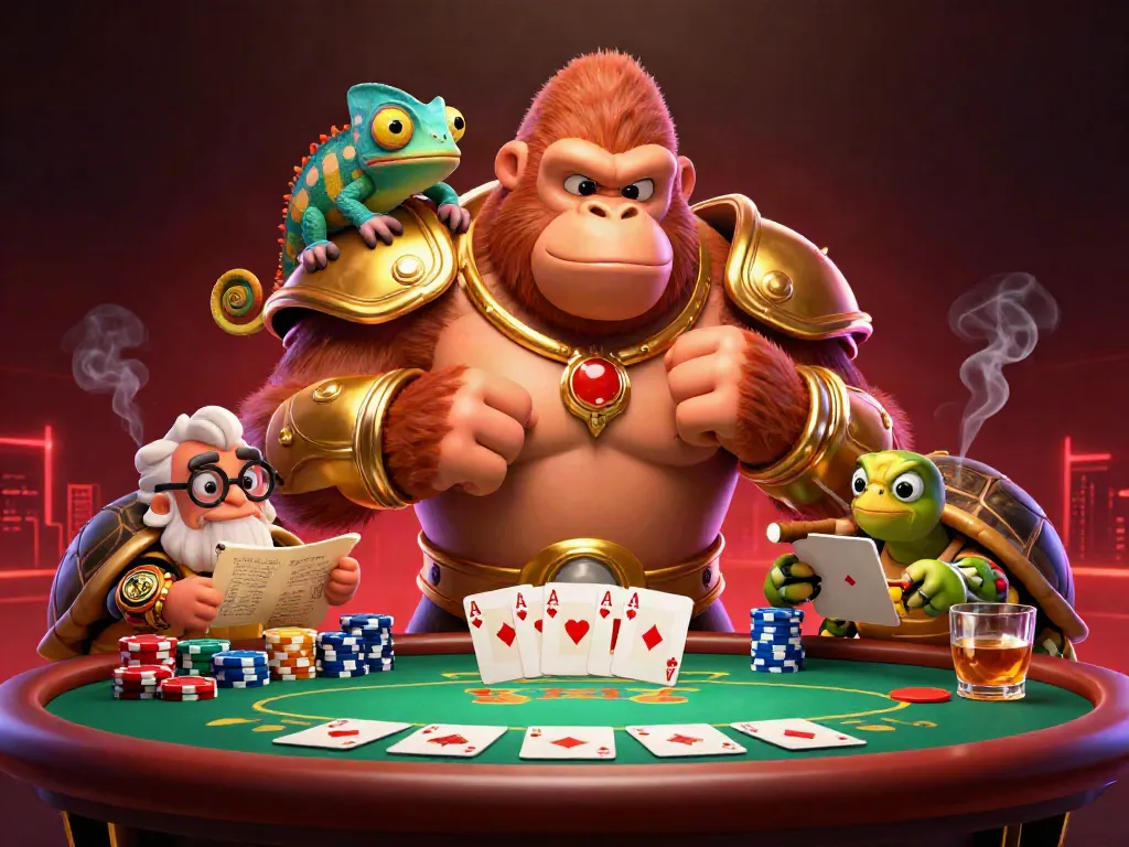 Engage with mubet through a vibrant 3D scene of a gorilla in armor, poker elements, and whimsical characters.