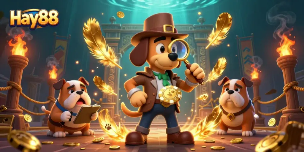Engage with Hay88's gaming action where a detective and a bulldog uncover treasure clues in a vibrant casino.