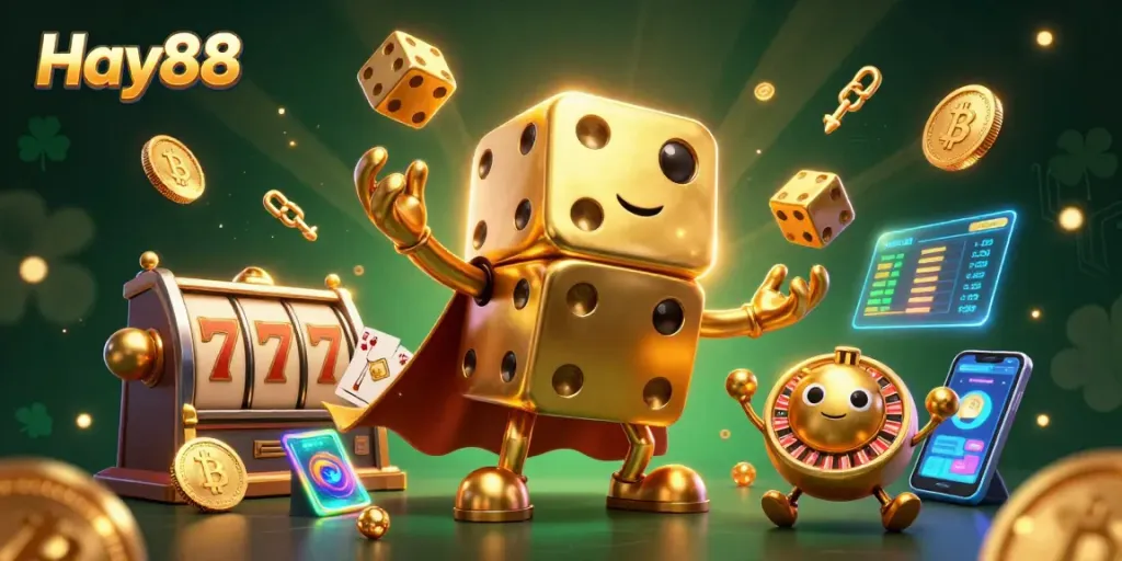 Experience the excitement of Hay88 with stunning 3D characters, slot reels, and glowing coins in this captivating scene.