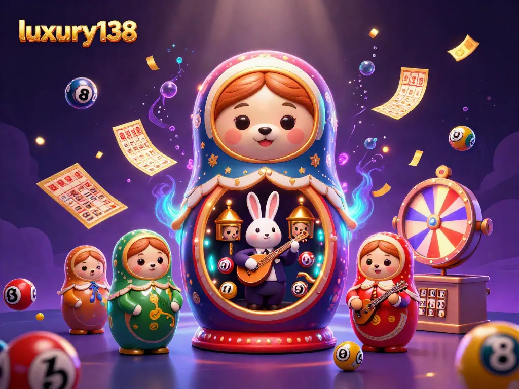Experience excitement with luxury138 as cartoon bears in casino outfits and colorful lottery elements fill the scene.