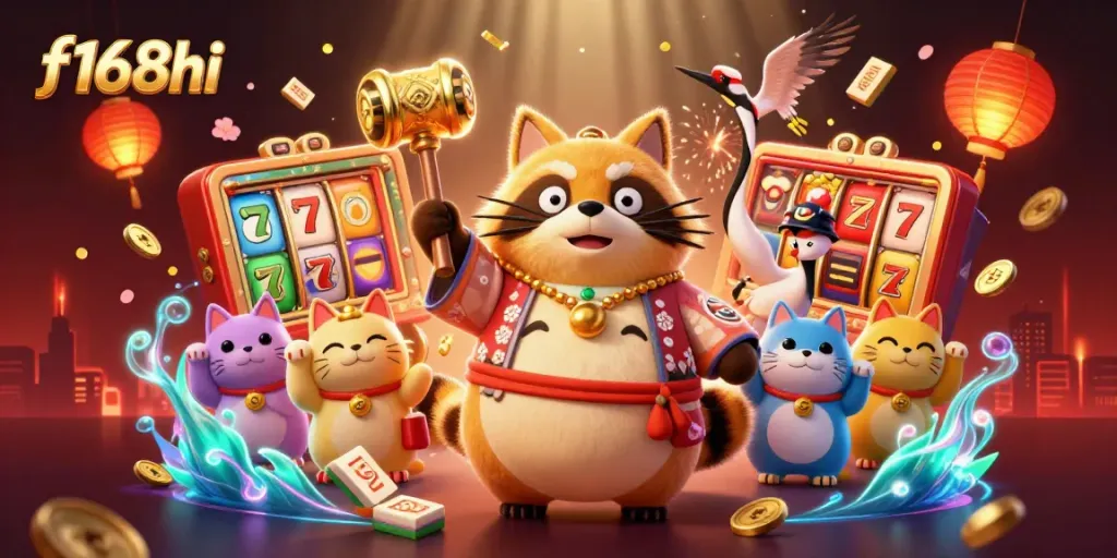 Experience f168hi's vibrant casino atmosphere with joyful characters celebrating winnings amidst slot reels.