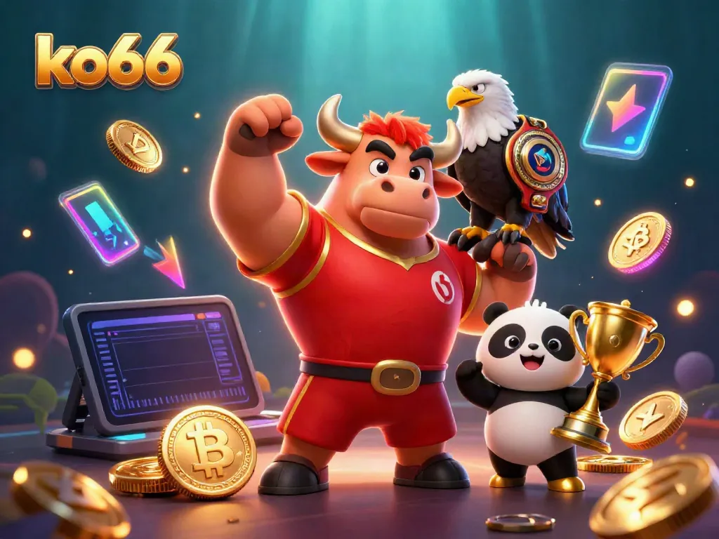 Engaging ko66 casino scene with a bull, eagle, and panda celebrating winnings amidst digital currency elements.