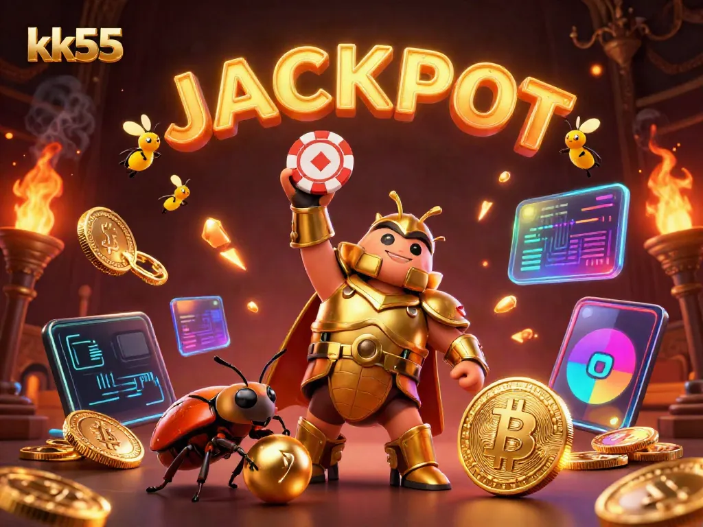 Experience thrilling wins at kk55 with a 3D beetle champion lifting poker chips amidst glowing coins.