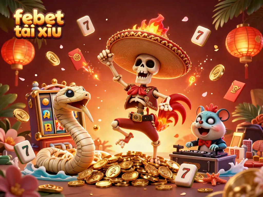 Experience the exciting febet tài xỉu with a vibrant 3D illustration of gambling elements and characters celebrating wins.