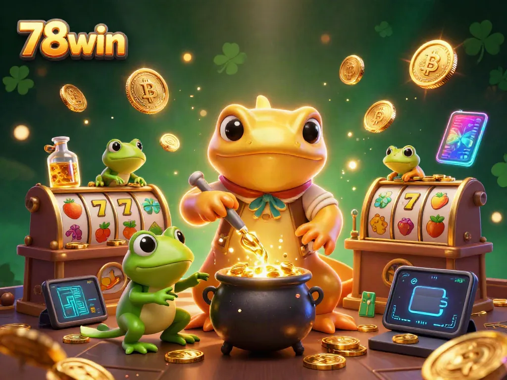 Experience the thrill of 78win with this immersive 3D alchemist scene, showcasing exciting slots and cryptocurrency elements.