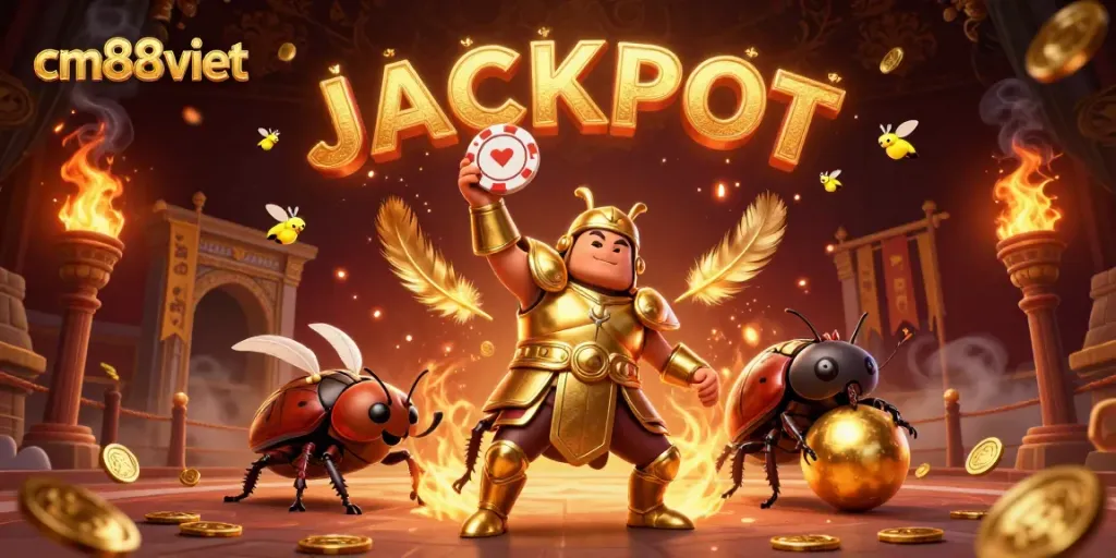 Experience big wins at cm88viet with this vibrant jackpot scene, featuring a victorious beetle celebrating with poker chips.