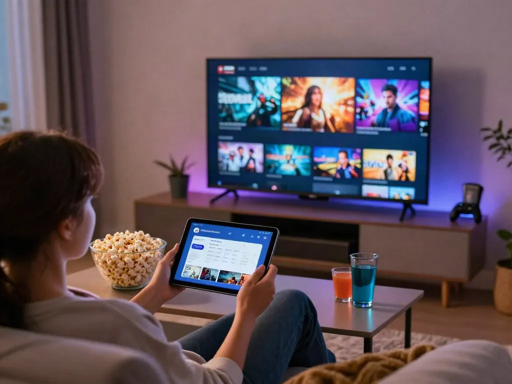 Download the MovieBox Pro app on a tablet for a cozy movie night.
