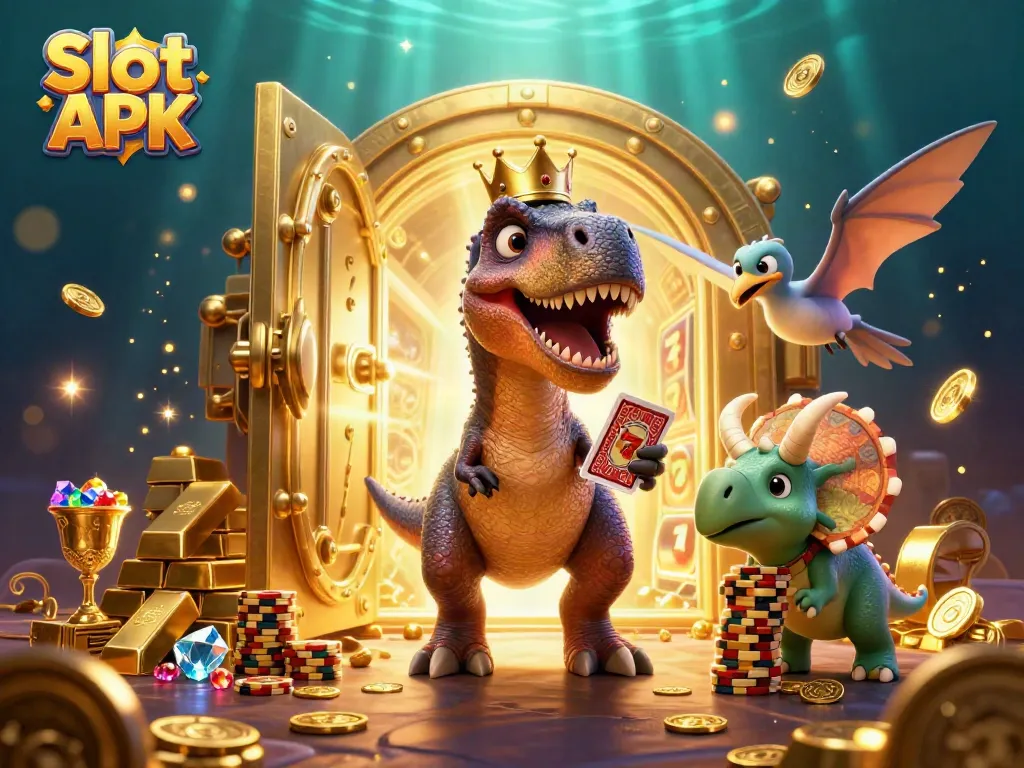Engage with Slot APK's thrilling casino world featuring a T-Rex shuffling cards and golden treasures.