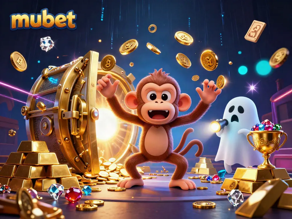 Experience thrilling mubet gaming with our vibrant cartoon illustration of a poltergeist monkey and ghost-hunter puppy.