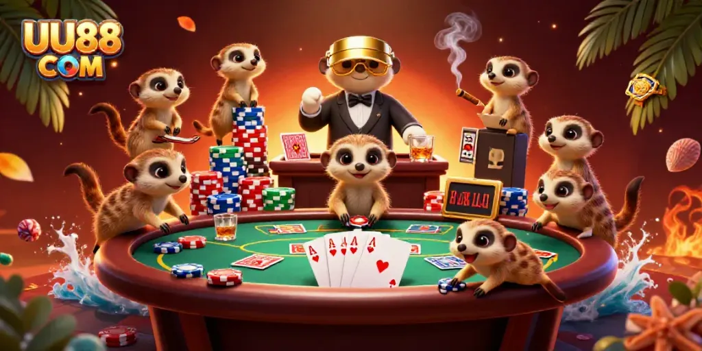 Experience the fun of UU88 COM with a vibrant meerkat casino scene featuring card games and chips.