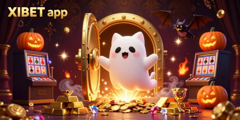 Experience the excitement of the XIBET app with a floating ghost cat and treasures in a haunted casino.