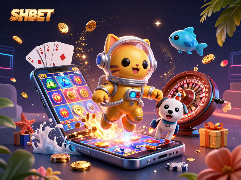 SHBET cat astronaut plays colorful slot games surrounded by golden coins and playing cards in a vibrant cosmic scene.
